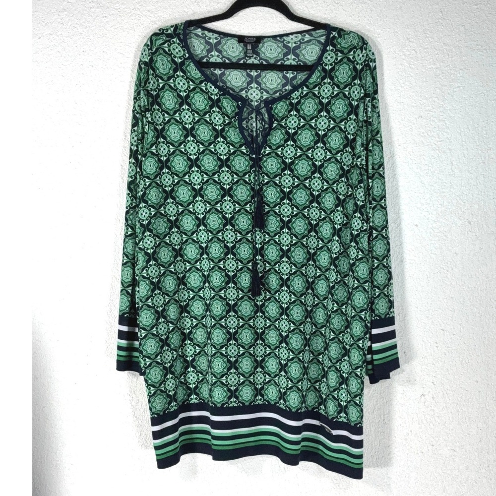 Jones New York Green Tunic - 2X- Geometric Medallion Tassel Boho Preppy Top